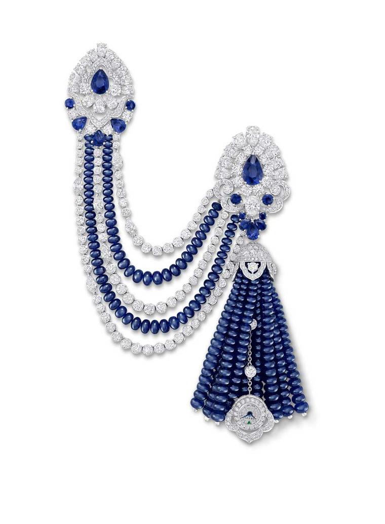 Hidden behind the sapphire bead tassels in Graff's one-of-a-kind jewel is a tiny secret watch with a pavé diamond face.