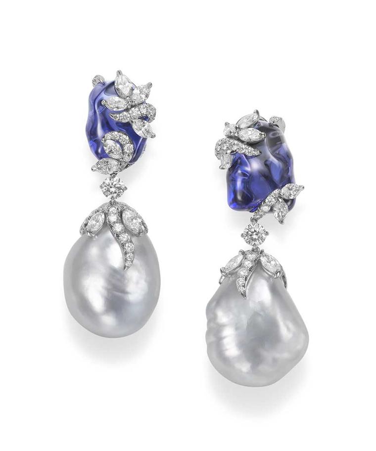 Mikimoto Hyacinthia earrings with baroque South Sea cultured pearls, tanzanite and diamonds.