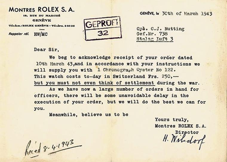 Wilsdorf offered British POW officers the chance to order new Rolex watches and pay for them whenever they were back on their feet and earning a salary again. This particular receipt belonged to Cpl. Nutting, one of the British officers involved in the gr