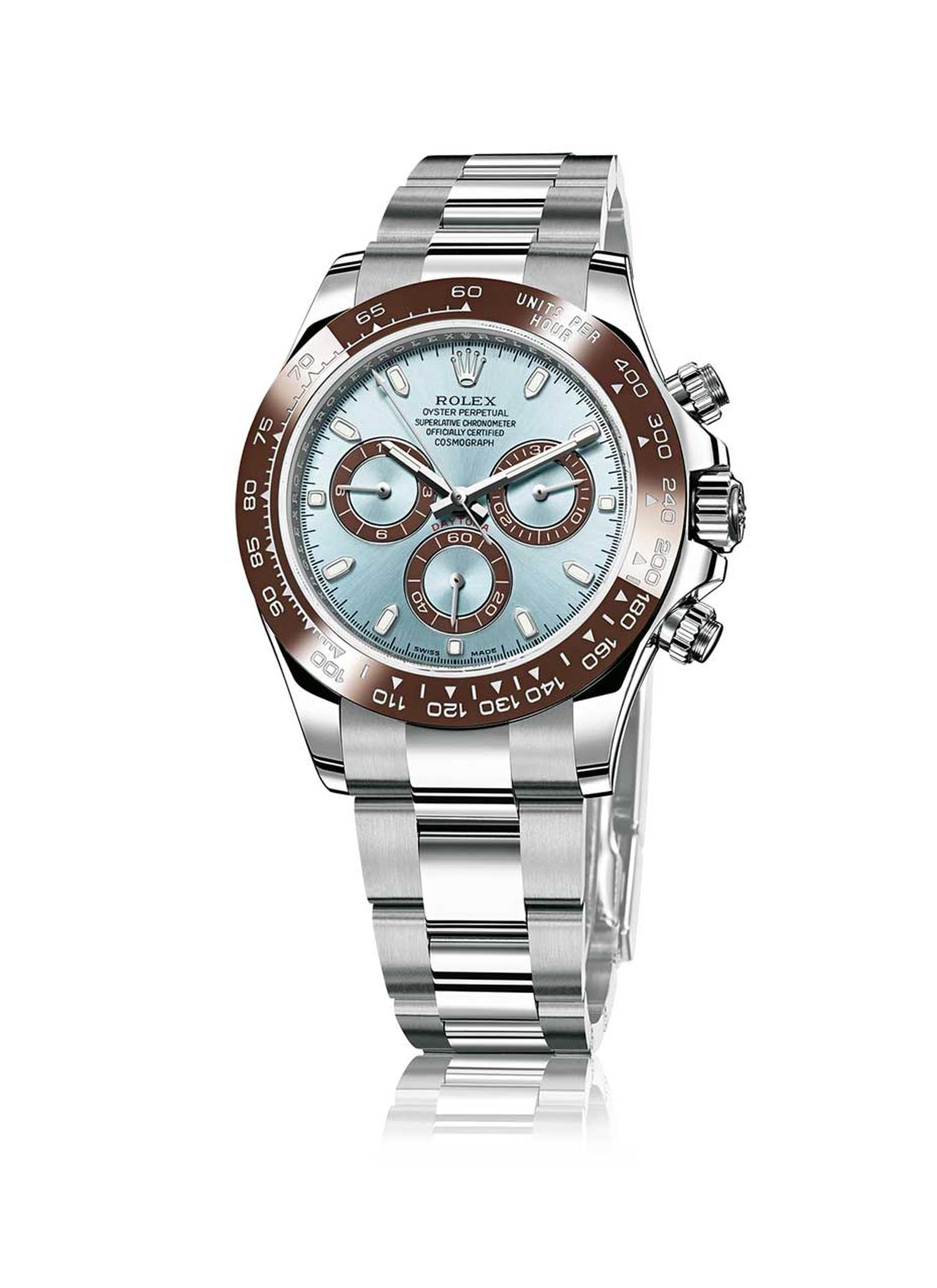 Rolex Cosmograph Daytona is continuously revisited in different materials and colours. This 50th anniversary model in platinum was presented in 2013.