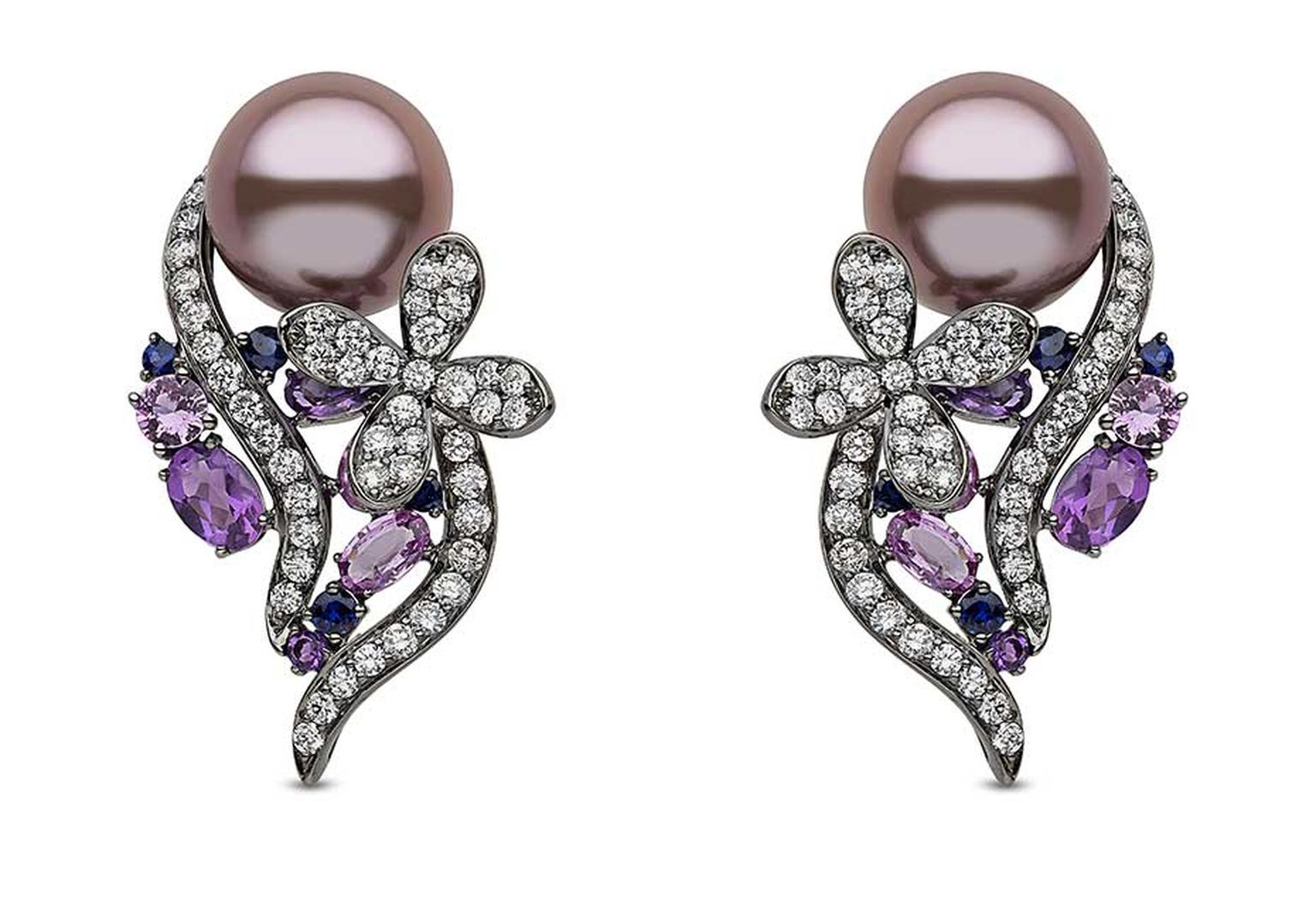 Yoko London pearl earrings in black gold with 12-13mm natural colour pink freshwater pearls, diamonds and multi-coloured sapphires.