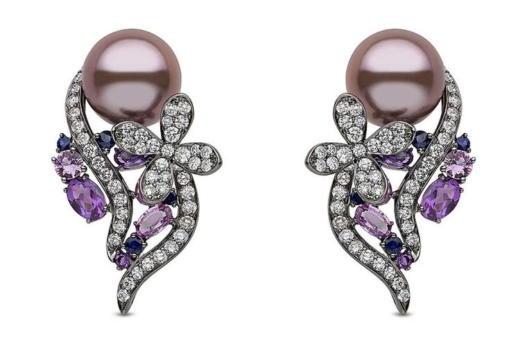Yoko London pearl earrings in black gold with 12-13mm natural colour pink freshwater pearls, diamonds and multi-coloured sapphires.