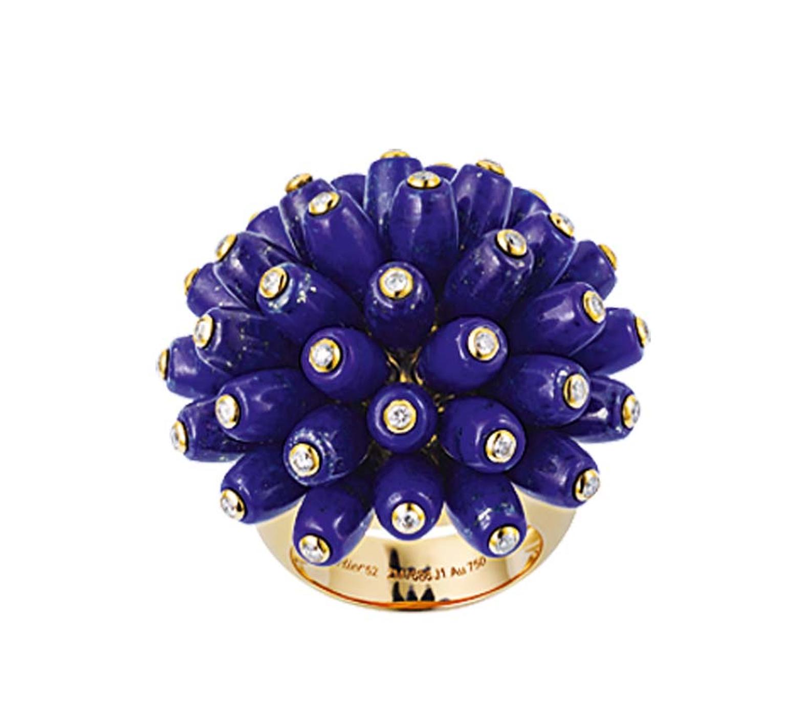 The unique design of this Cartier ring, with its lapis lazuli tubes dotted with diamonds that writhe and wriggle, brings Cartier jewellery bang into the 21st century.