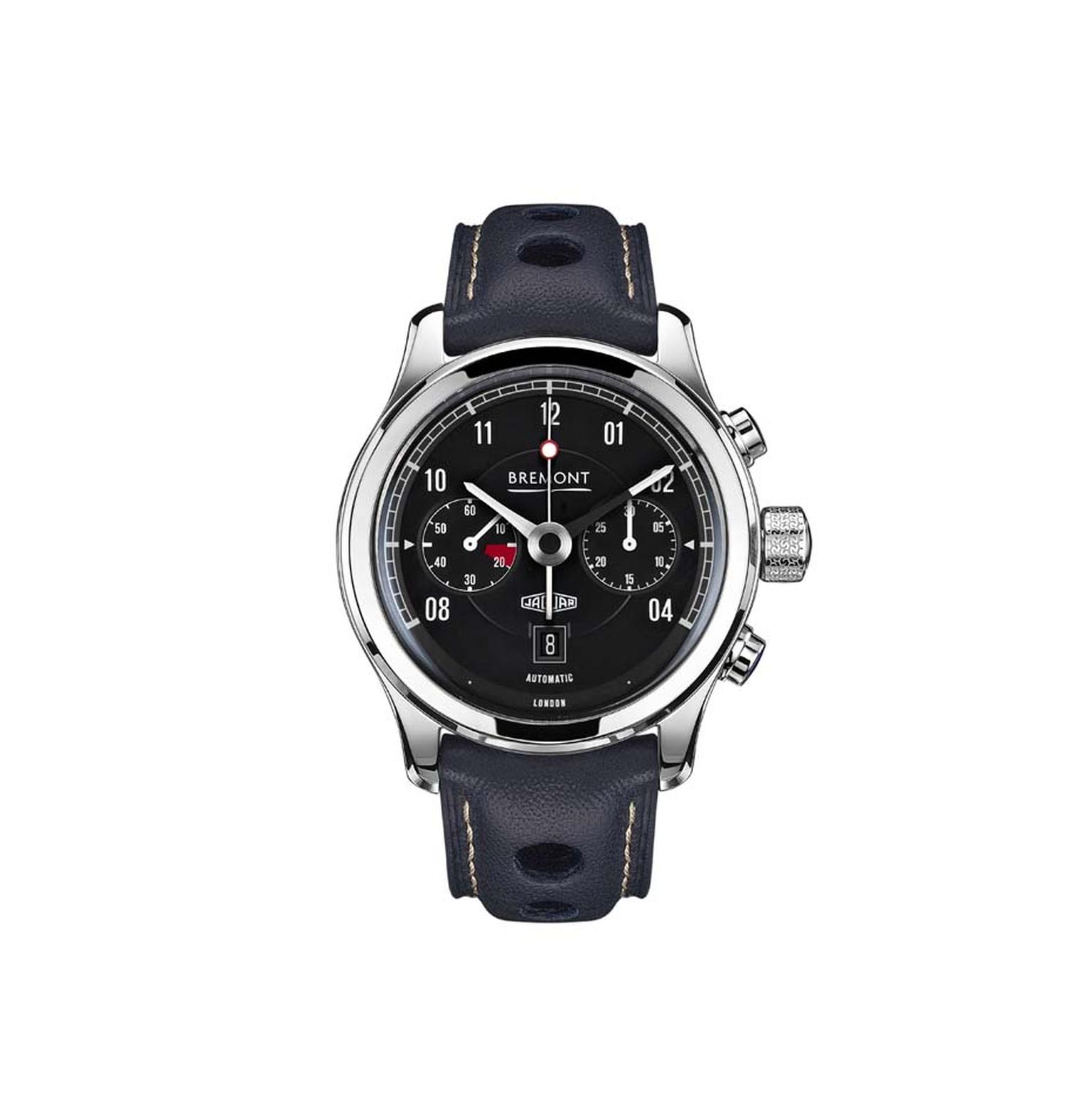 Bremont MKII chronograph uses the same red quadrant that appears on the Jaguar E-Type speedometer as well as the Jaguar logo, placed just above the date window at 6 o'clock.