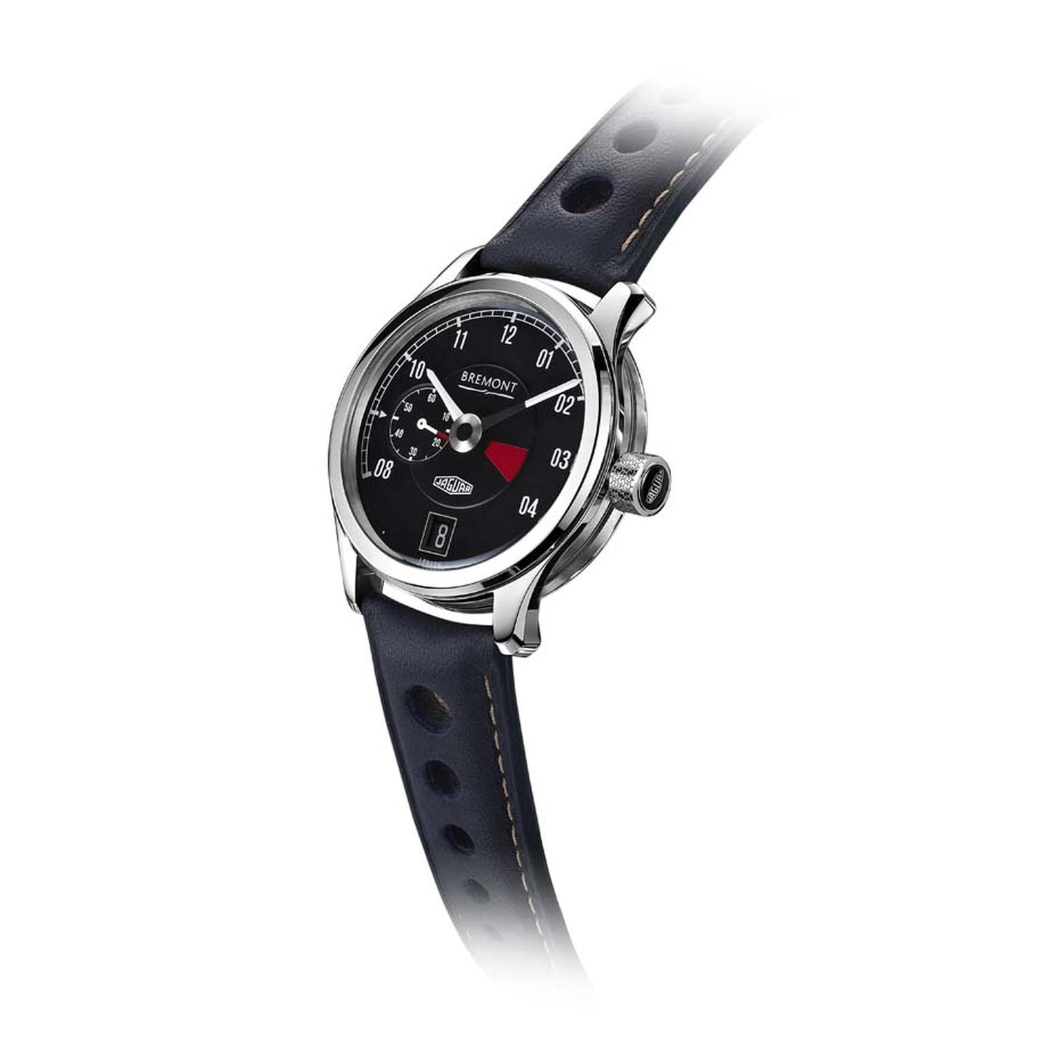 Bremont MKI watch takes design cues from the Jaguar E-Type 1961 racing car with a tachometer-inspired dial, an off-set small seconds indicator, and a red line quadrant between 3 and 4 o'clock.