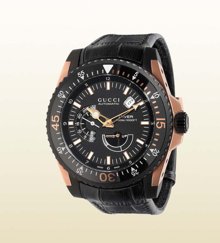 The new Gucci Dive watch has passed the strict ISO 6425 standards that certificate the watch as an authentic diver. The watch comes in a 45mm black PVD and rose gold model, and is water-resistant to 300 metres.