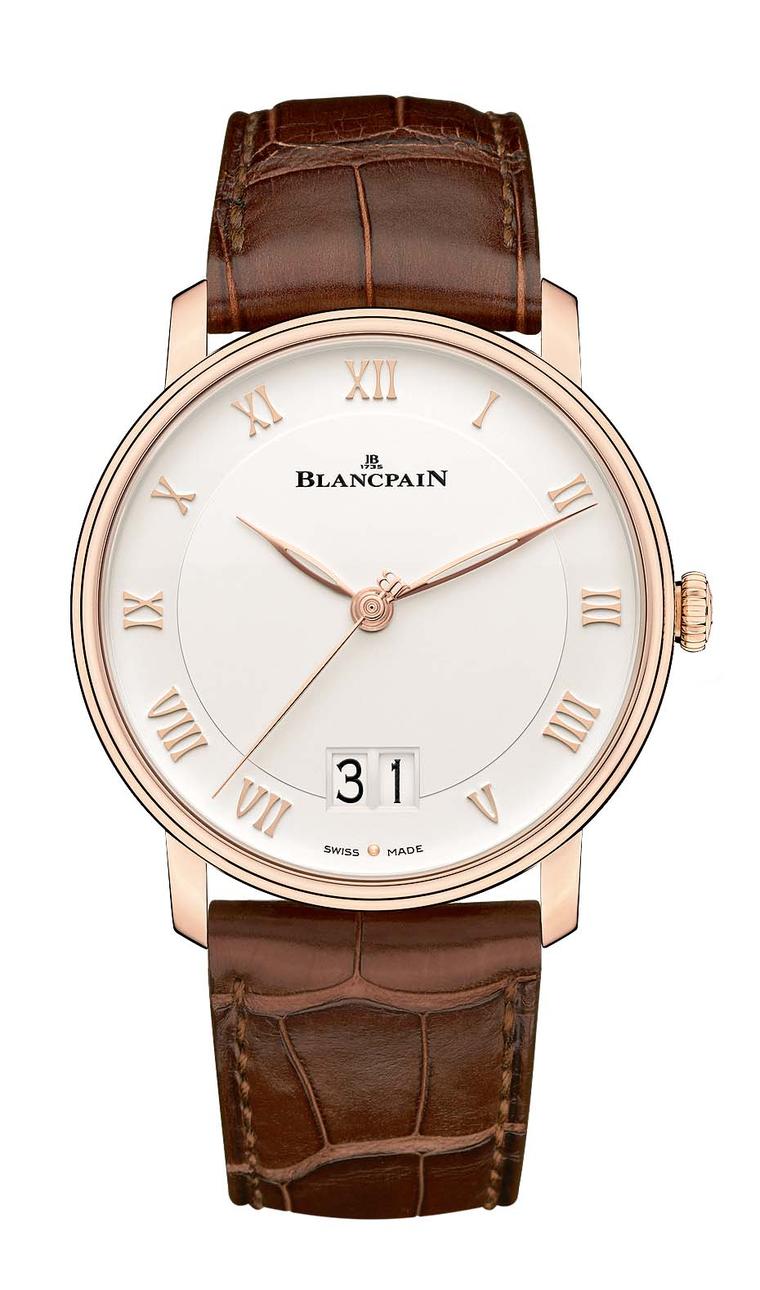 Blancpain watches revisits its Villeret Grande Date model this year with a large double date window at 6 o'clock for enhanced legibility. This elegant men's dress watch is presented in a 40mm rose gold case with applied Roman numerals.