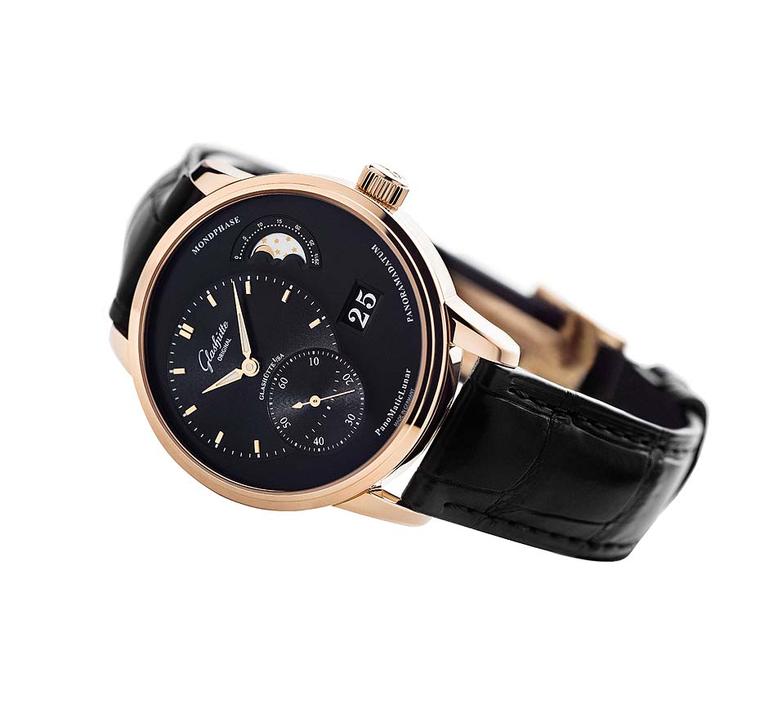 Glashütte Original PanoMaticLunar Moon phase watch for men in a 40mm rose gold case with a black galvanic coloured dial.