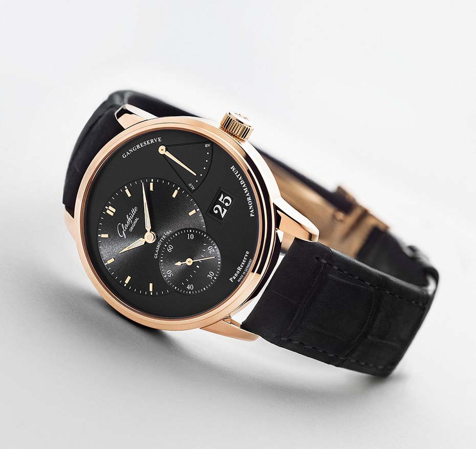 Glashütte Original PanoReserve watch in a 40mm rose gold case with a black galvanic dial.