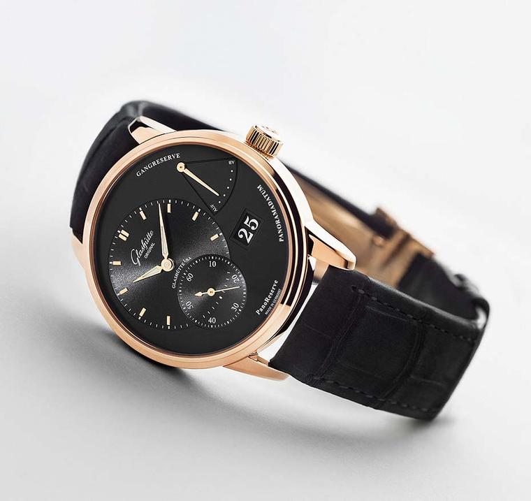 Glashütte Original PanoReserve watch in a 40mm rose gold case with a black galvanic dial.