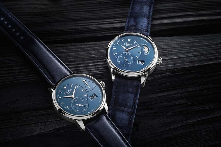Glashütte Original PanoMaticLunar and PanoReserve watches with new sky blue dials and 40mm stainless steel cases. The PanoReserve model gets its name from the fan-shaped retrograde power reserve indicator on the right of the dial, and the PanoMaticLunar f