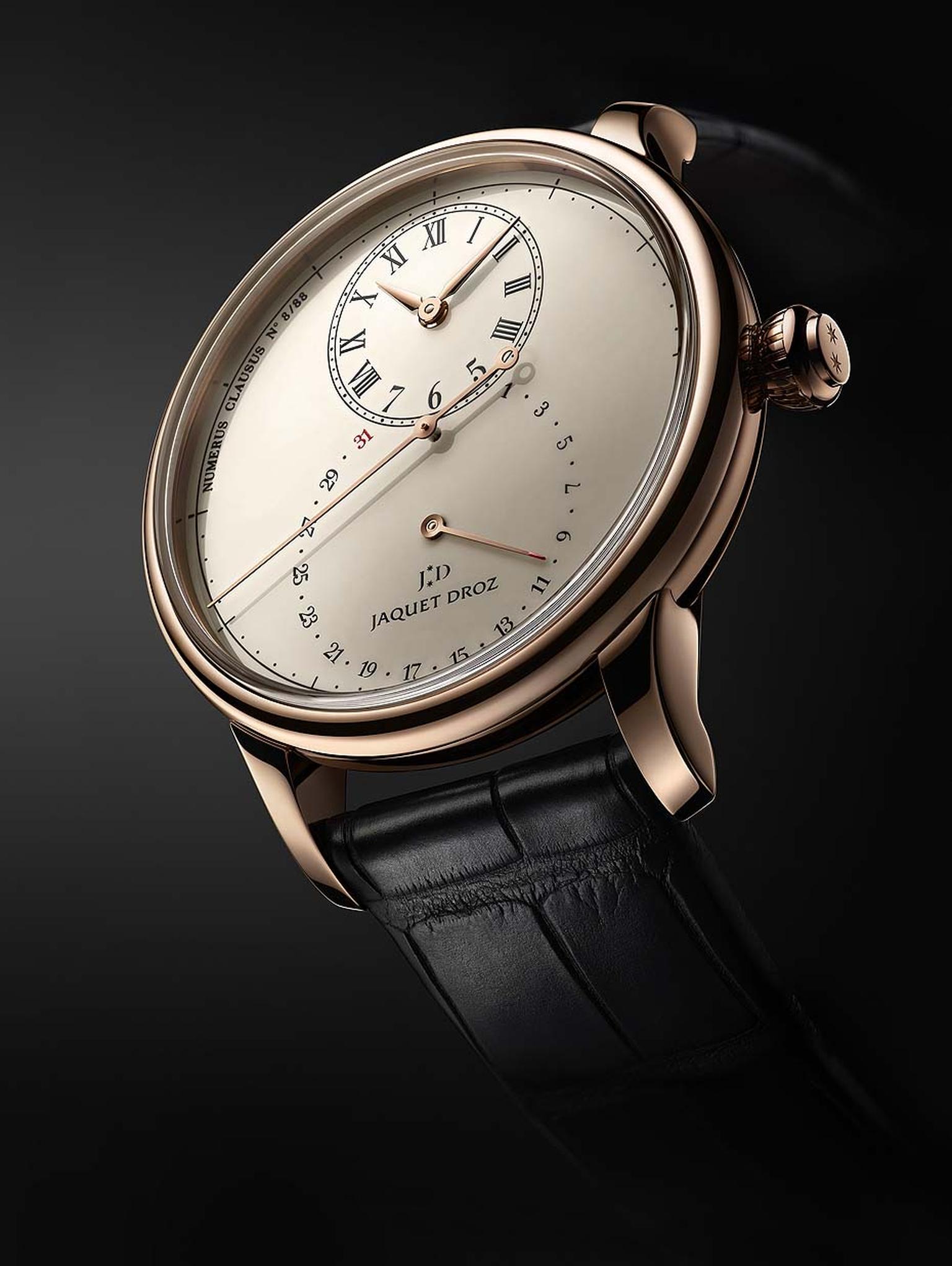 Jaquet Droz Grande Seconde Deadbeat watch features a deadbeat seconds complication making the large seconds hand jump as it passes each second on the 43mm dial. The hour disc and larger retrograde date display disc on the central dial overlap to create th