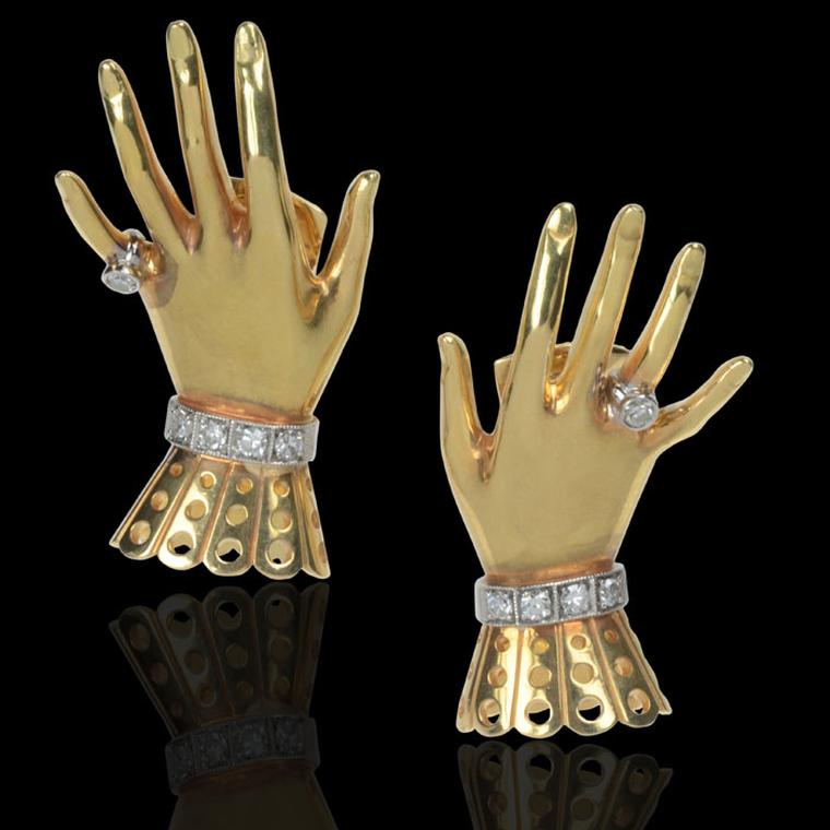 A whimsical pair of yellow gold and diamond "Hand & Glove" earflaps by Paul Flato, circa 1950, which are being sold by Hancocks for £39,500 at TEFAF Maastricht.