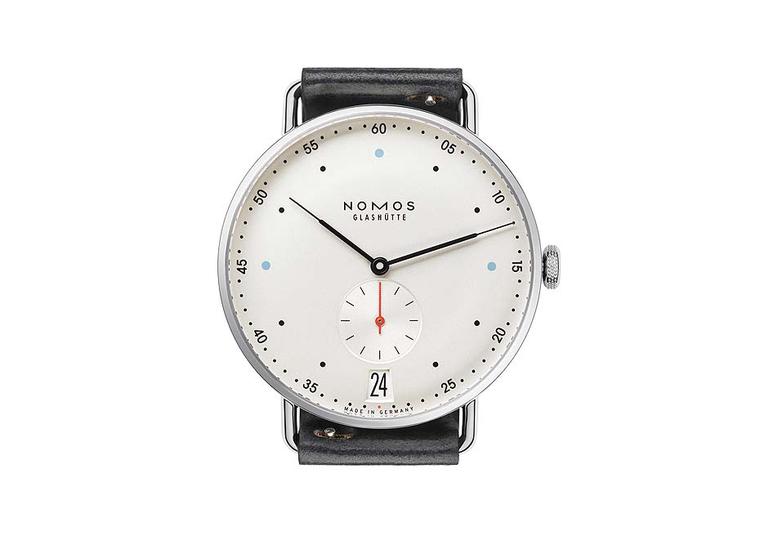 The award-winning Nomos Glashütte Metro watch is back this year with a larger case size of 38.5mm and the elimination of the mint green and red circular power reserve symbol on the dial (£2,200).