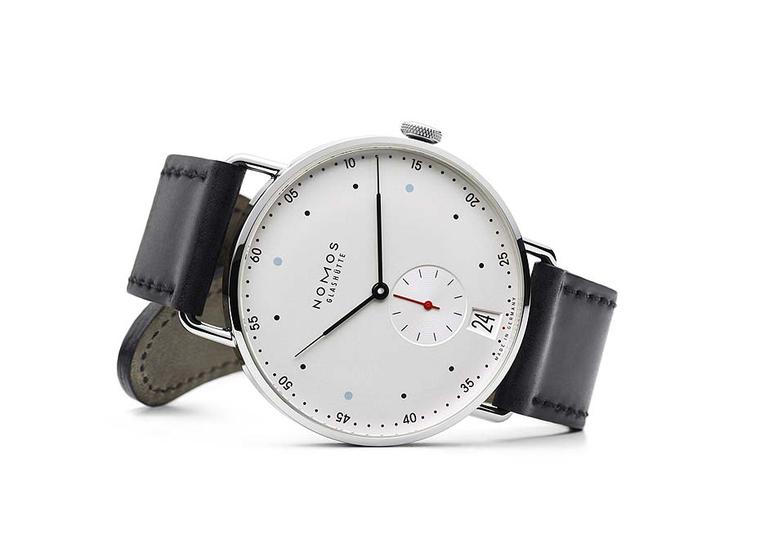 The new Nomos Datum watch with a 38.5mm stainless steel case features the brand's iconic Bauhaus styling.