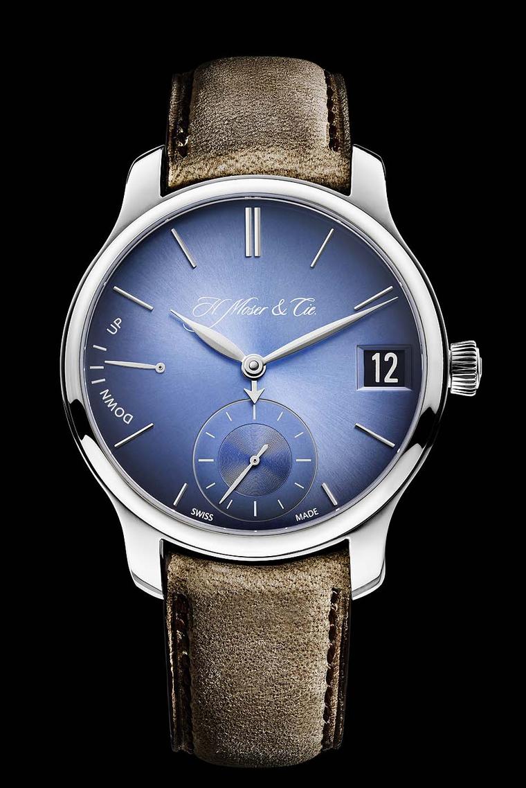 H. Moser & Cie. watches has given its highly complicated Perpetual Calendar a contemporary edge with an electric blue fumé dial and distressed leather strap.