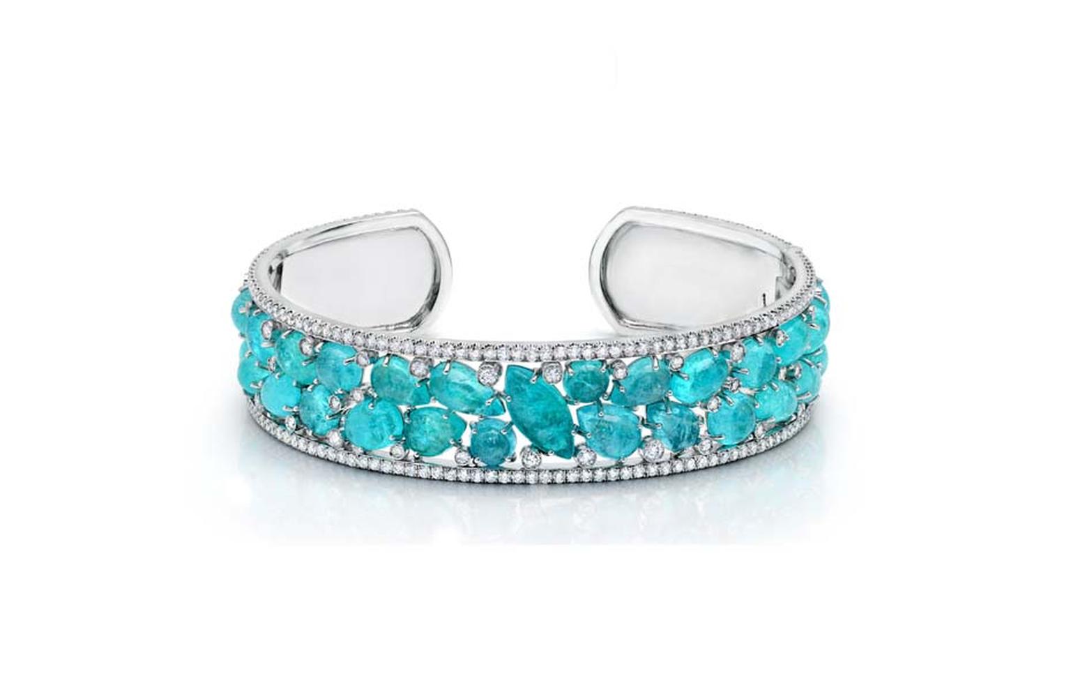 Martin Katz bracelet set with 27 cabochon Paraiba tourmalines accented with diamonds, set in white gold.