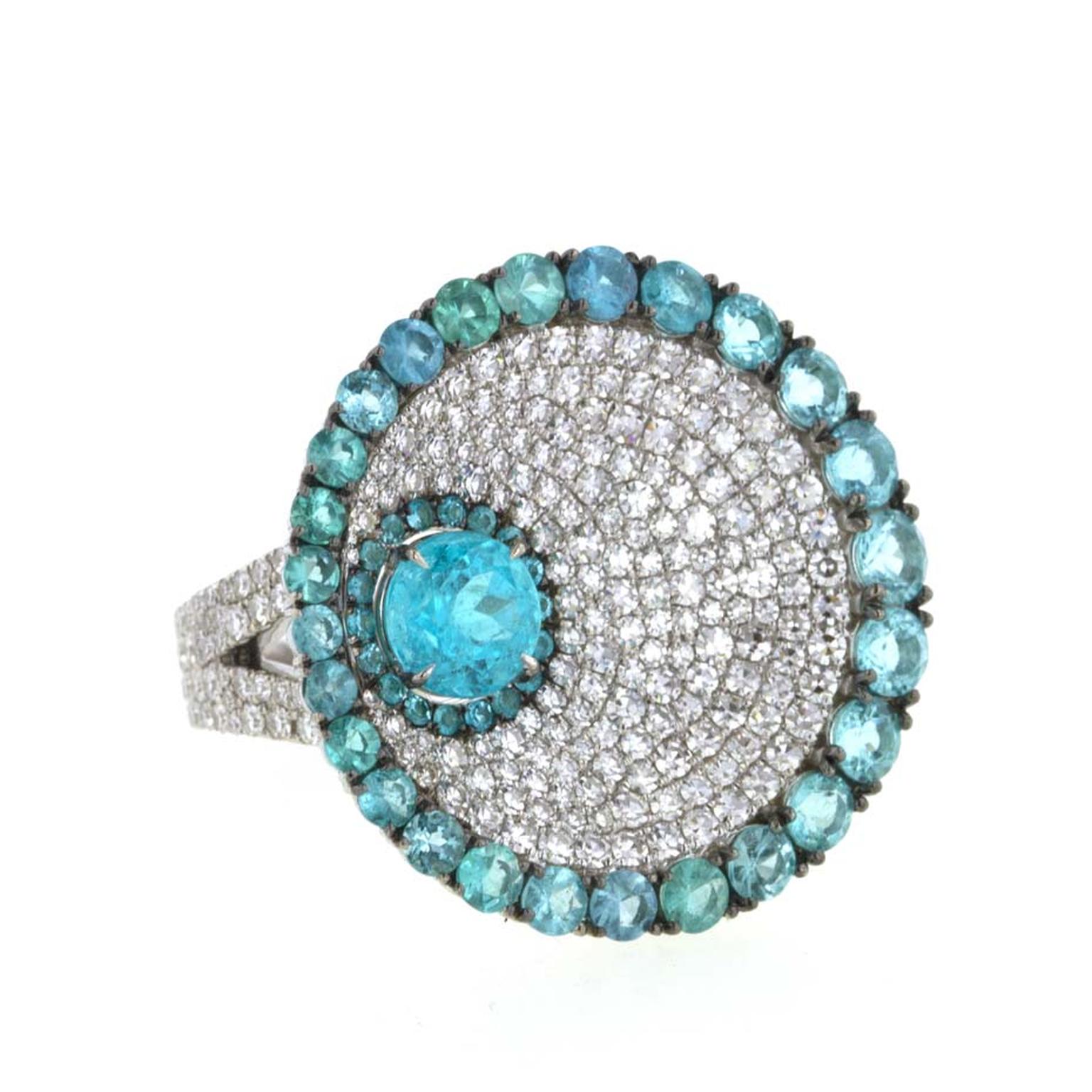 Martin Katz Paraiba tourmaline cocktail ring set in white gold with 388 round diamonds.