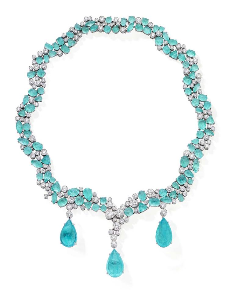 Martin Katz's cabochon Paraiba tourmaline and diamond necklace in platinum features a pair of detachable Paraiba tourmaline earrings, which can be worn alongside the necklace.