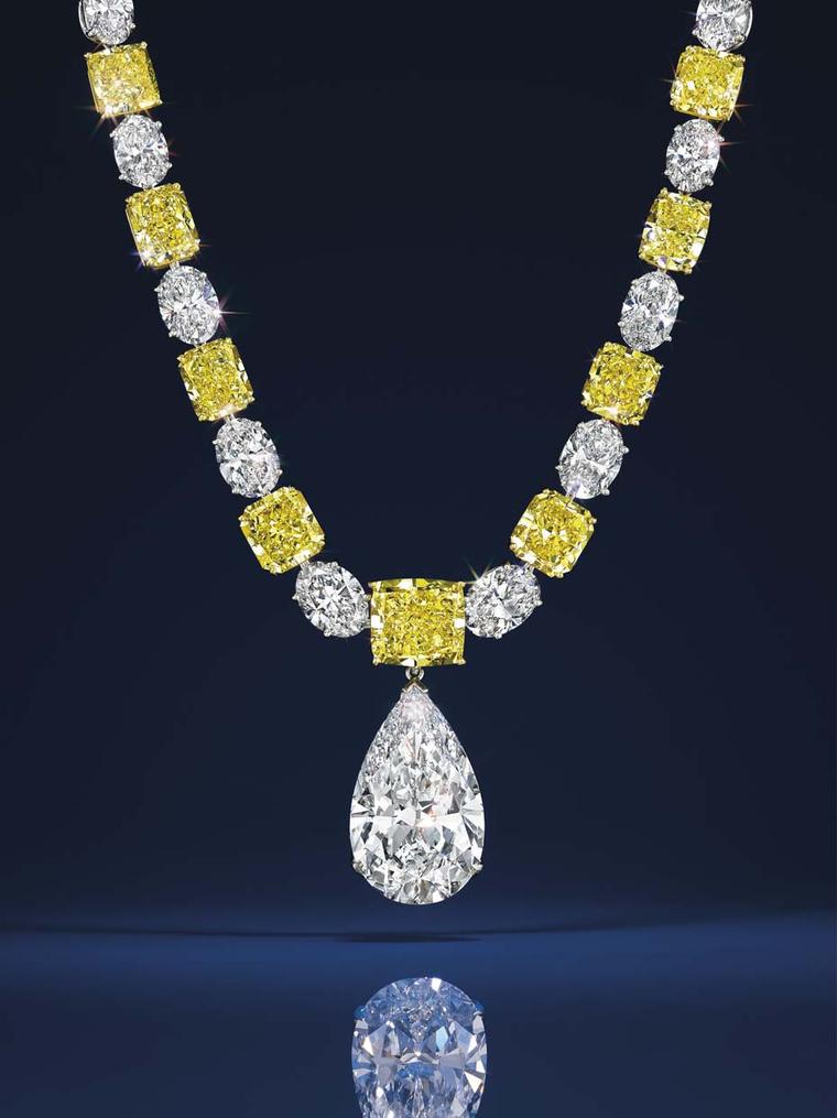 Graff white and yellow diamond necklace featuring a pear-shape diamond pendant of 25.49 carats. Estimate: $500-700,000.