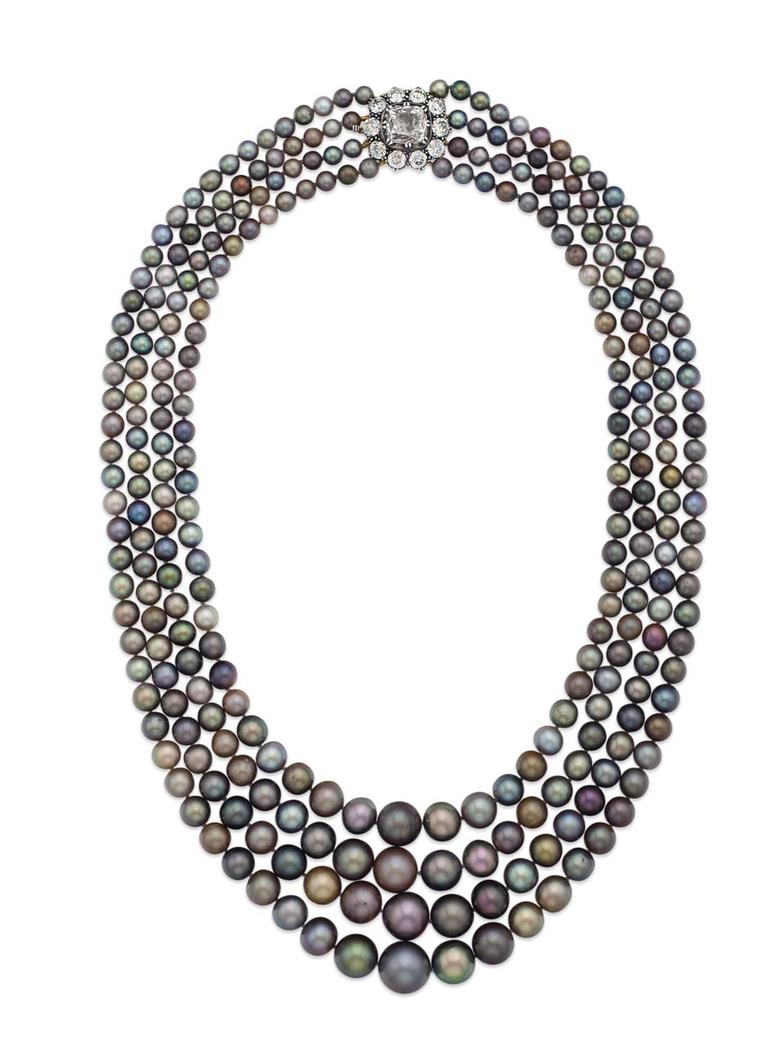 Strands of natural pearls matching in color and shape are exceedingly rare, and this four-strand necklace, the main attraction at Christie's NY Magnificent Jewels auction, comprises more than 289 black pearls with highly attractive rose, green or purple o
