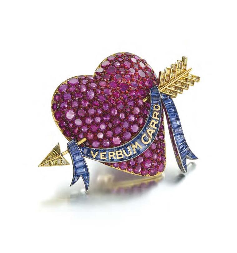 Paul Flato ruby, sapphire and colored diamond enamel brooch, designed and worn by Standard Oil heiress Millicent Rogers. Estimate: $350-500,000 at Christie's Magnificent Jewels auction in New York.