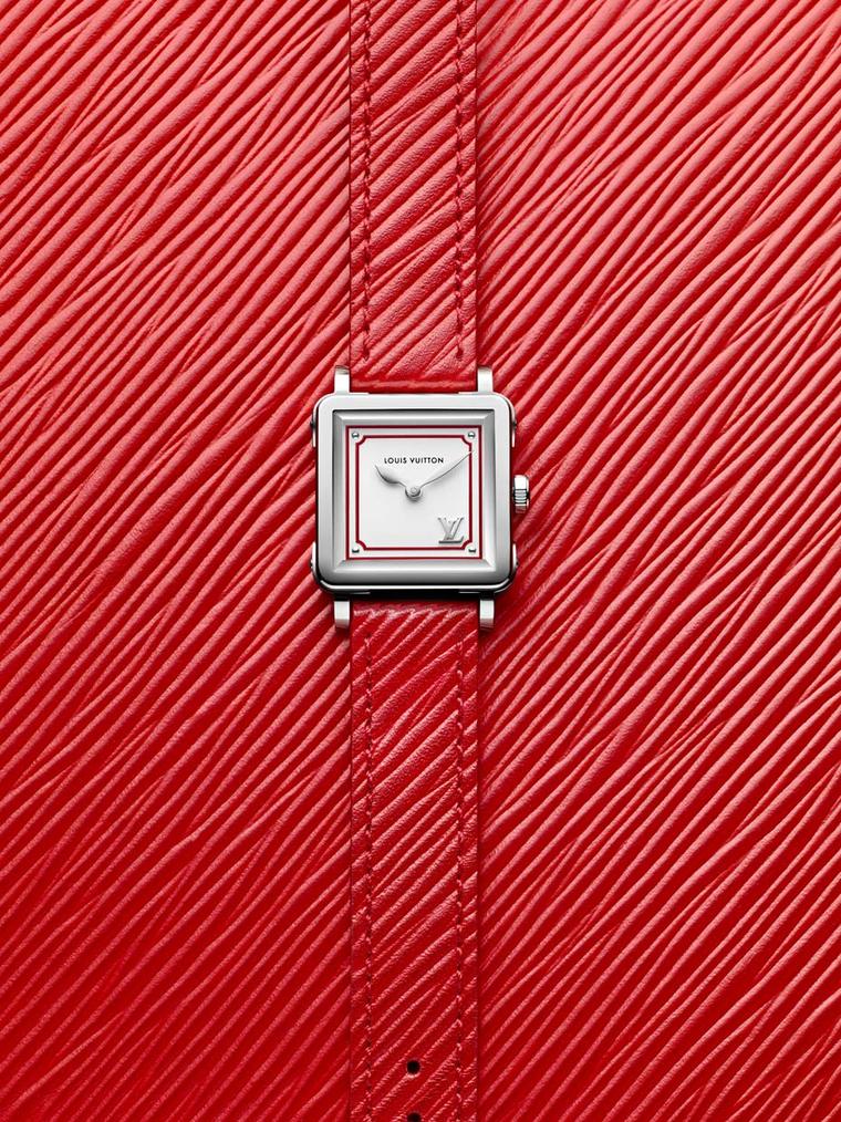Louis Vuitton Emprise Epi Poppy watch comes in a 23 x 23mm steel case and the leather strap features the colour palette of the upcoming Louis Vuitton leather goods collection designed by Nicolas Ghesquière for Summer 2015.