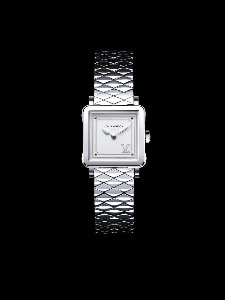 Louis Vuitton Emprise Malletage Steel ladies' watch echoes the padded lining of the iconic Louis Vuitton steamer trunks represented by the domed oval links on the steel bracelet.