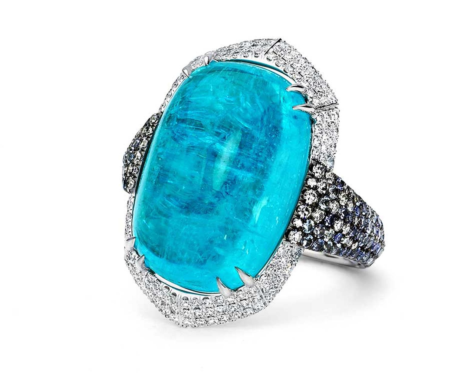 Martin Katz's new Paraiba collection, including this one-of-a-kind Paraiba tourmaline cocktail ring, will be available exclusively at his Beverly Hills salon and at Bergdorf Goodman in New York this spring.