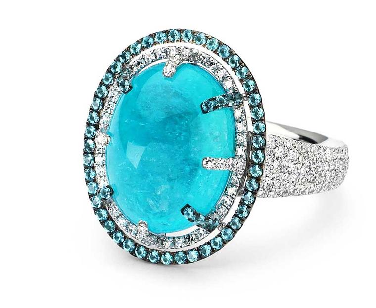 Martin Katz oval Paraiba tourmaline cocktail ring in white gold, microset with 69 Paraiba tourmalines and diamonds.