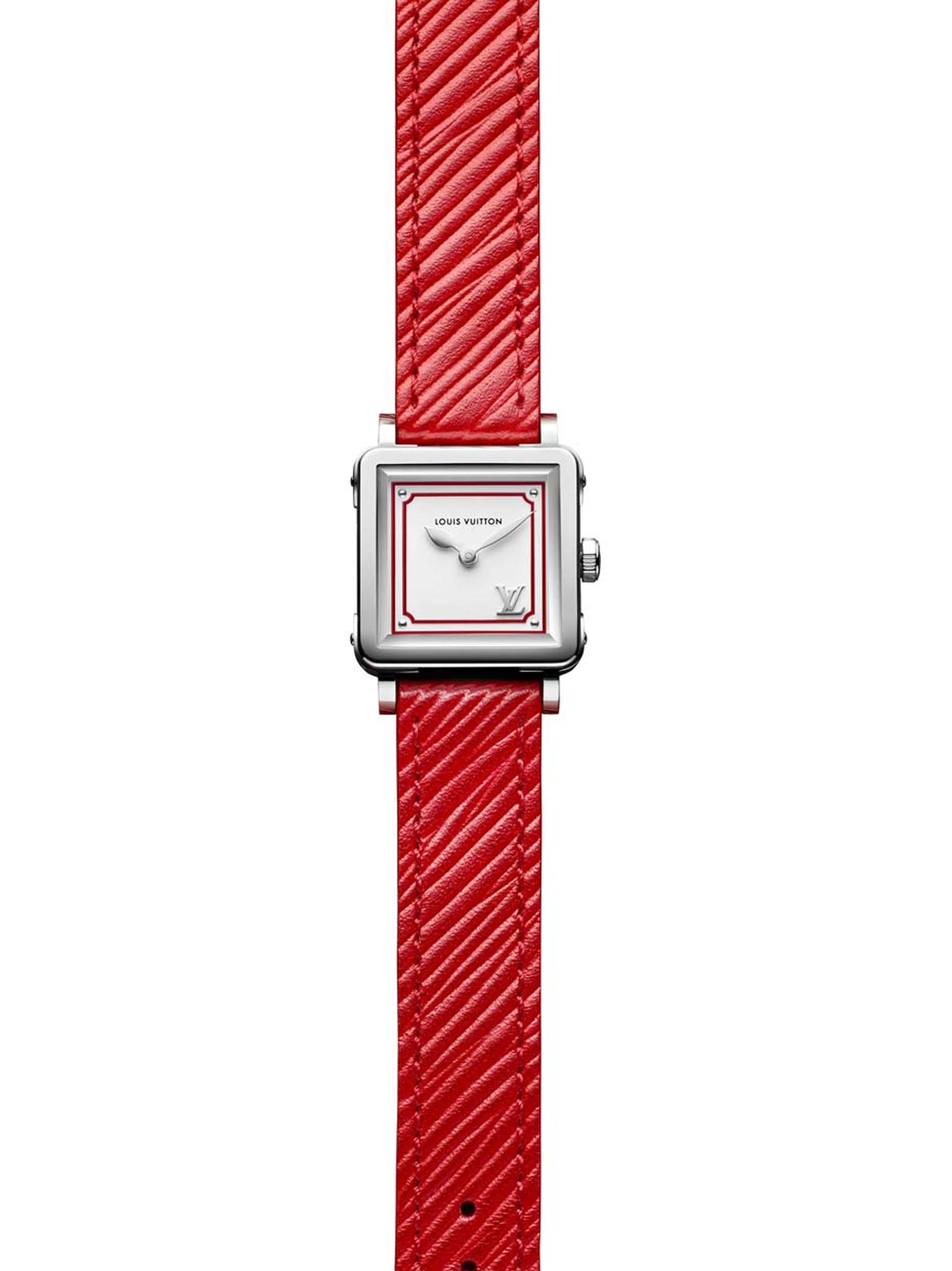 Louis Vuitton's new Emprise Epi watch - directly inspired by the famous steamer trunks - has had a revamp thanks to Nicolas Ghesquière, inspired by his Summer 2015 leather goods collection. This poppy red version has a steel case, silver opaline dial and 