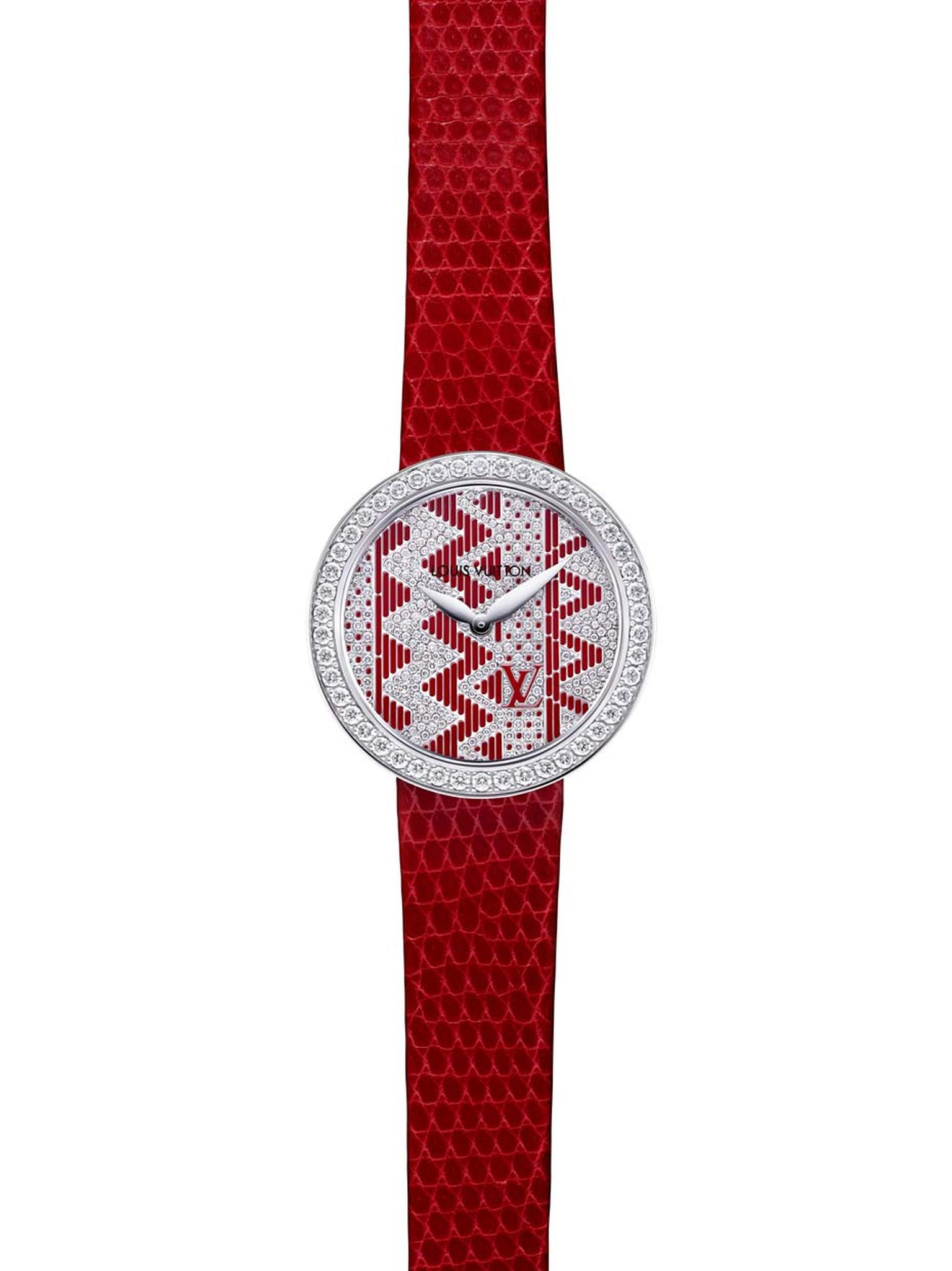 Each of the new Louis Vuitton Joaillerie Chevron watches is hand painted at Vuitton’s La Fabrique du Temps workshop in Geneva. This red lacquer version has a rhodium-plated white gold case, a dial set with 222 diamonds and a red lizard strap.