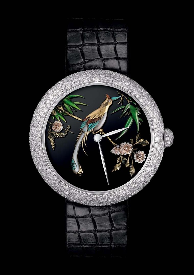 Also launching at Baselworld 2015 is this exquisite Coromandel inspired Mademoiselle Privé Décor ladies' watch in white gold from Chanel. Illustrating Coco Chanel's love of Chinese screens and interior design, the precious 37mm watch features a bird on th