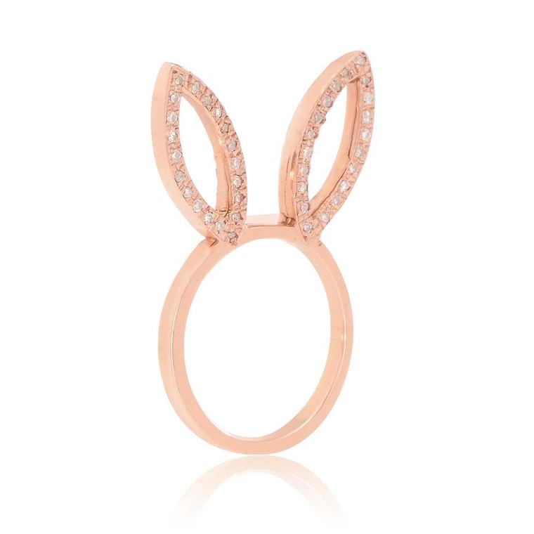 Jacquie Aiche designer jewellery diamond bunny ring in rose gold with diamond pavé.