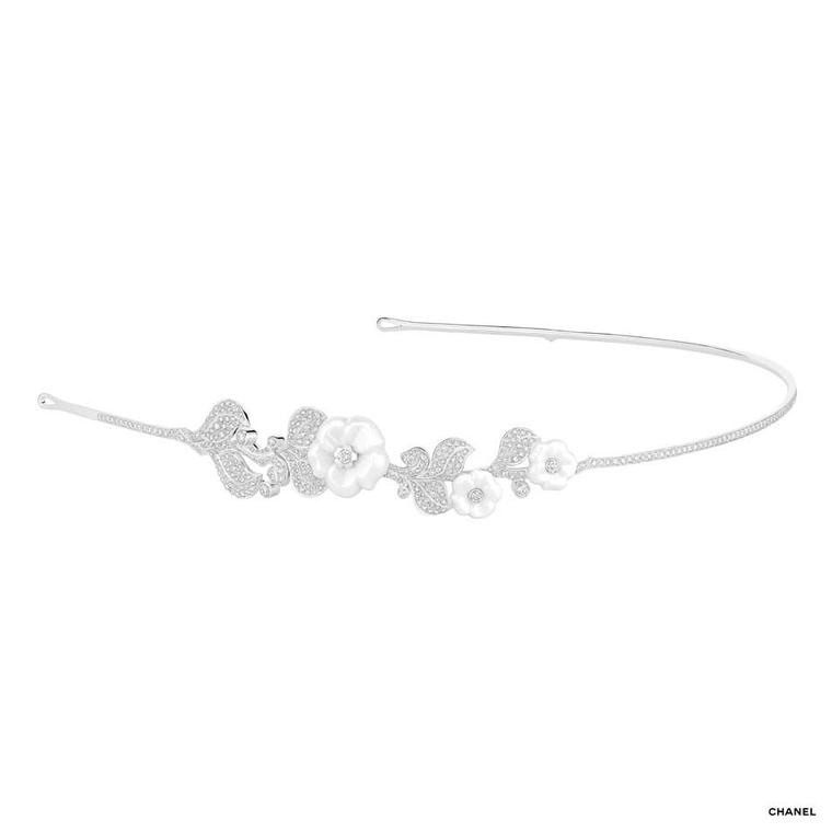 Chanel tiara in white gold, white ceramic and diamonds from the Camelia Galbe fine jewellery collection inspired by Gabrielle Chanel’s favourite flower, the camellia.