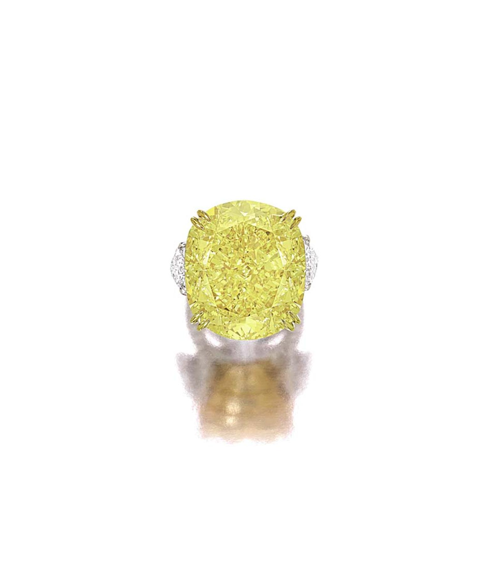Sotheby’s Hong Kong Magnificent Jewels and Jadeite spring sale includes a 77.77ct VS2 Fancy Vivid Yellow Diamond Ring (lot 1897) with an estimate of US$6.8m-7.5m.