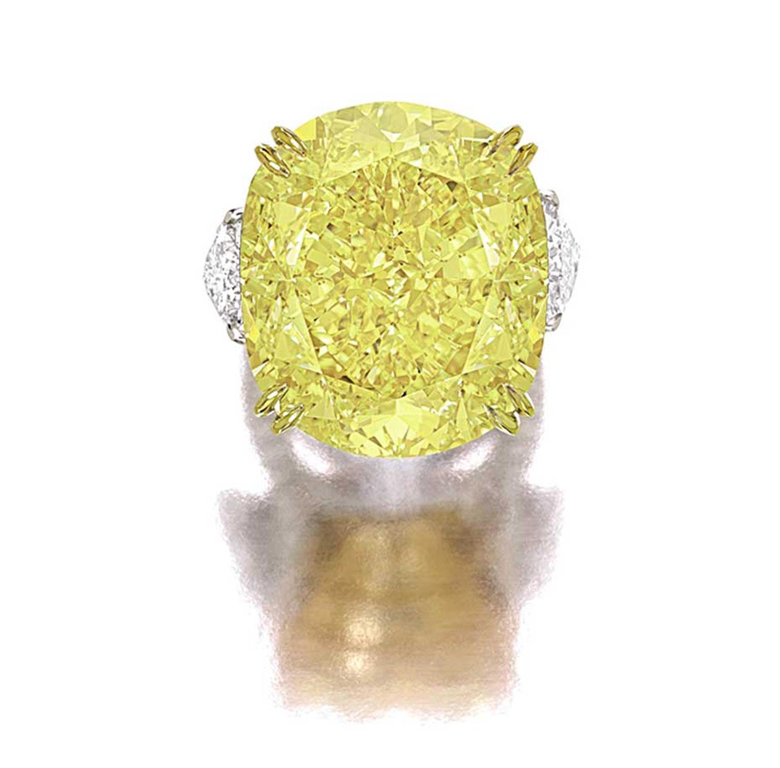 The top lot at Sotheby’s Hong Kong Magnificent Jewels and Jadeite spring sale is a 77.77ct VS2 Fancy Vivid yellow diamond ring with an estimate of US$6.8m-7.5m.