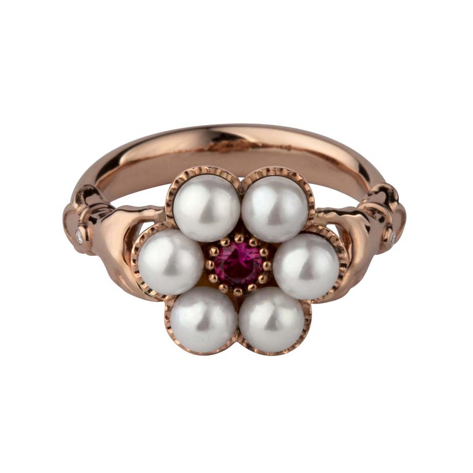Stephen Einhorn pink gold, Akoya pearl and ruby ring from the new Posey collection (£1,820).