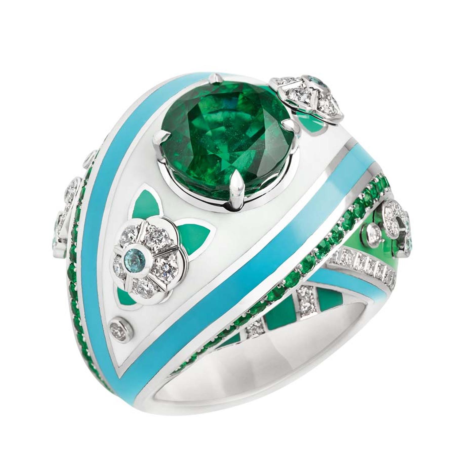 Fabergé ring from the Summer in Provence high jewellery collection, set with emeralds and diamonds and decorated with enamel.