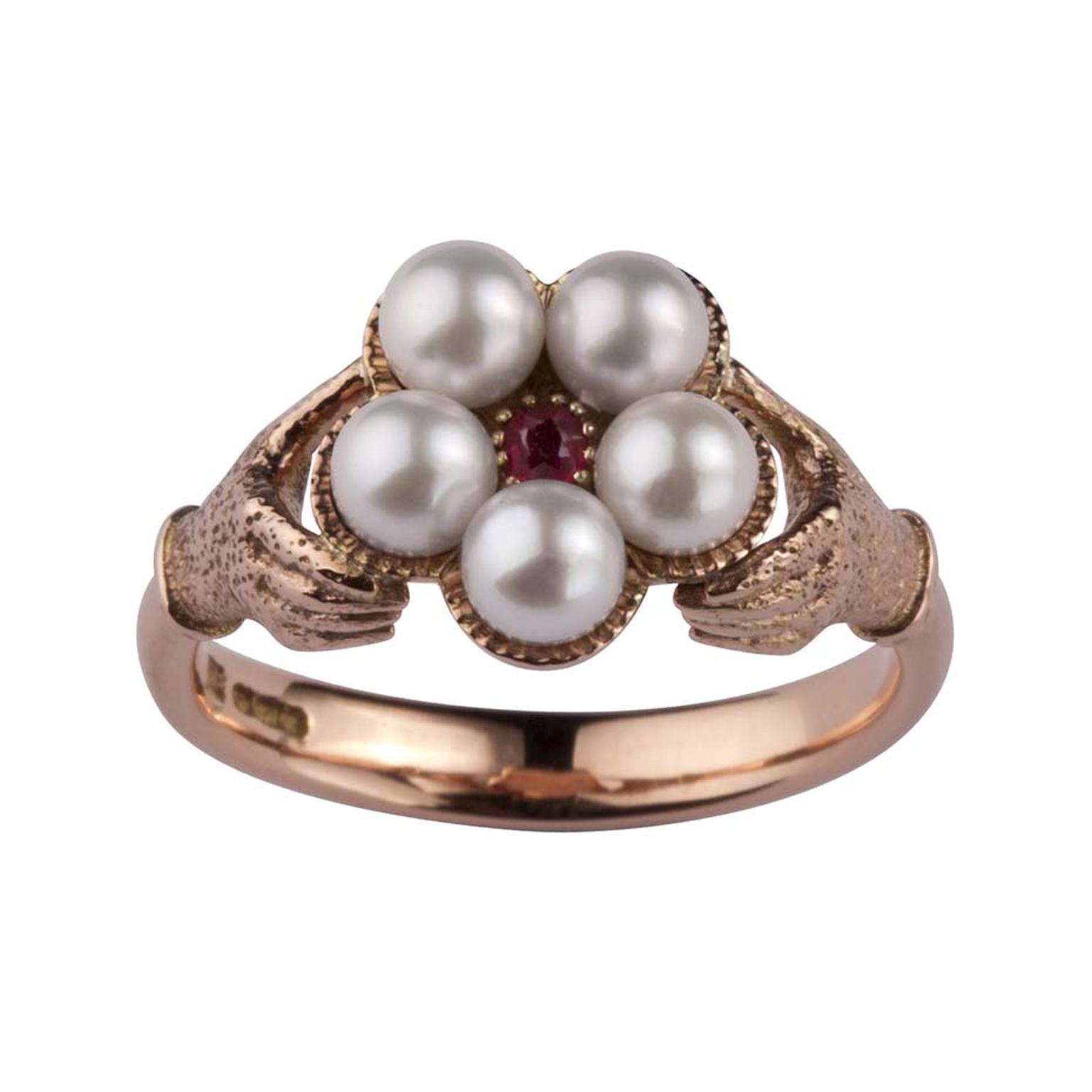 The bespoke rose gold, Akoya pearl and ruby ring made by Stephen Einhorn for Cate Blanchett to wear in Disney’s remake of Cinderella, released this weekend in the OK. Blanchett plays the wicked stepmother.