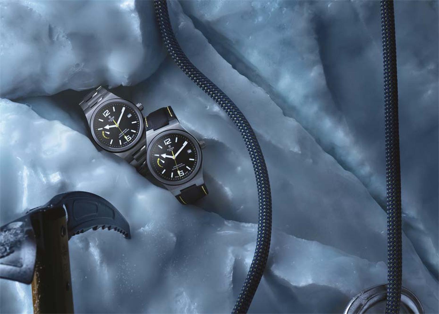 Tudor North Flag watches are presented in 40mm angular stainless steel cases with a black ceramic ring, matte black dial and yellow markings on the seconds hand, five-minute intervals and power reserve indicator, giving the watch a masculine presence prep