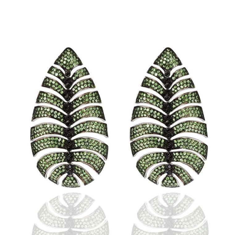 Carla Amorim earrings in white gold with tsavorites and black diamonds, from the new Botanic high jewellery collection.