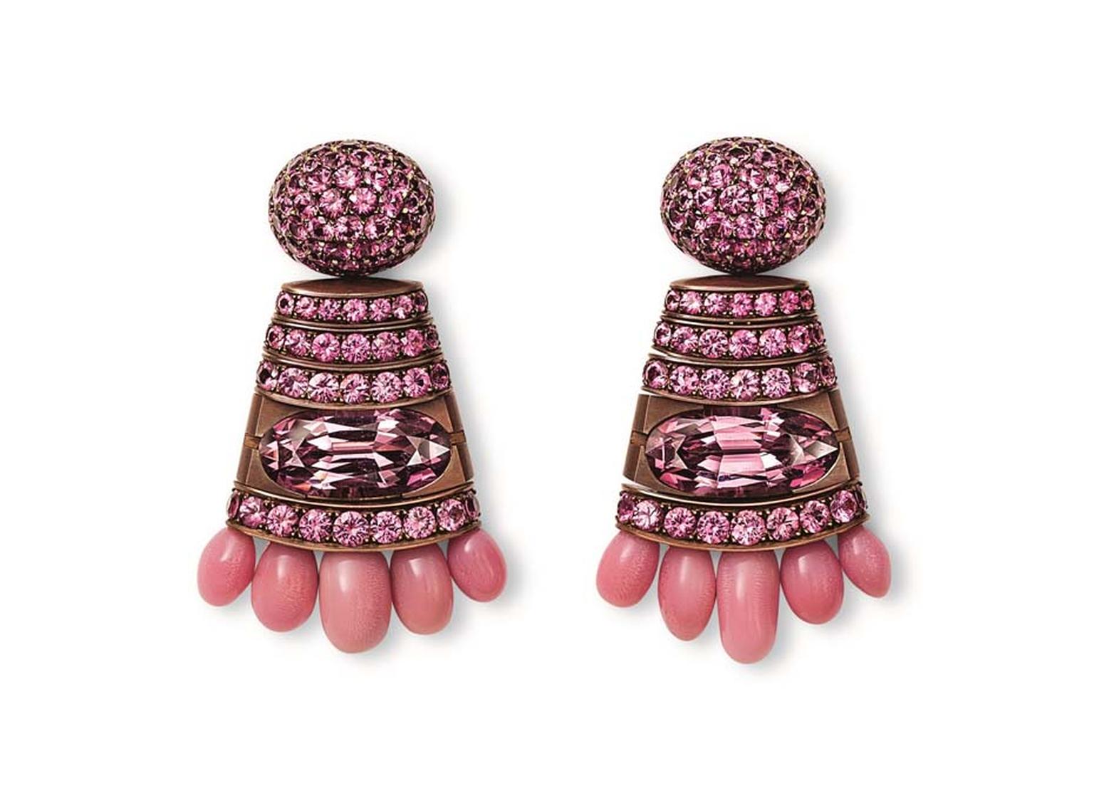 Hemmerle earrings set with rare conch pearls and spinels in white gold and copper.