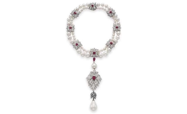 The La Peregrina 16th Century Pearl Ruby and Diamond Necklace designed by Elizabeth Taylor with Al Durante of Cartier sold at Christie's 2011 sale of Elizabeth Taylor's jewels for US$11,842,500.