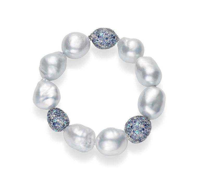 Mikimoto Midnight Sky pearl bracelet with baroque white South Sea cultured pearls and sapphires.