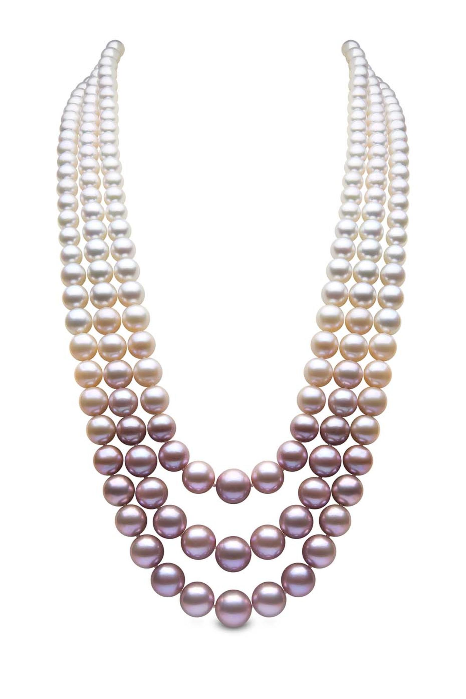 YOKO London three-strand pearl necklace with South Sea, Akoya and natural colour pink freshwater pearls.