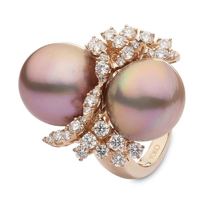 Yoko London pearl ring in rose gold, set with two natural colour pink freshwater baroque pearls and diamonds.