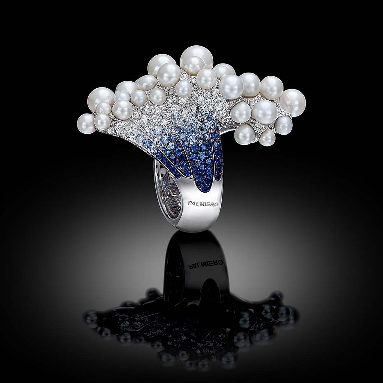 Palmiero ring launched at Baselworld 2015, inspired by the underwater world, set with graduated blue sapphires and topped with a foam of bubbling pearls.