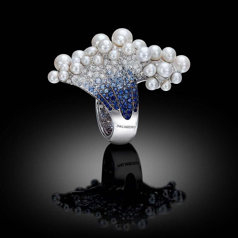 Palmiero ring launched at Baselworld 2015, inspired by the underwater world, set with graduated blue sapphires and topped with a foam of bubbling pearls.