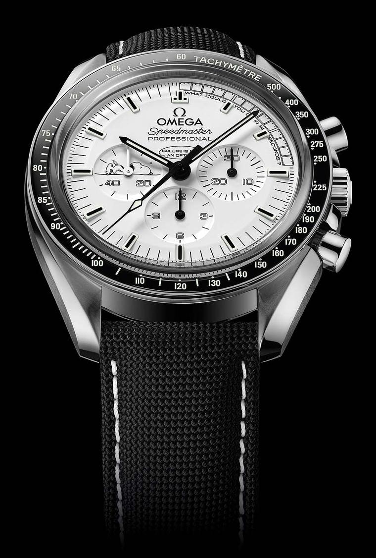 The black ceramic bezel is hallmark Speedmaster and the numerals have been highlighted with luminescent material. Between 12 and 3 o'clock, the question “What could you do in 14 seconds?” is a direct reference to the 14-second, mid-course correction that 